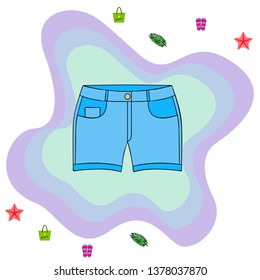 Summer vacation. Beach bag, slippers, shorts, starfish, tropical sheet. Vector background