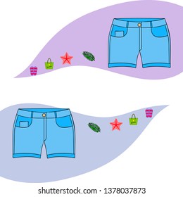 Summer vacation. Beach bag, slippers, shorts, starfish, tropical sheet. Vector background