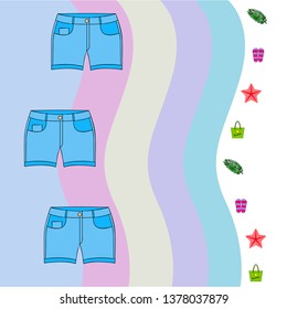 Summer vacation. Beach bag, slippers, shorts, starfish, tropical sheet. Vector background
