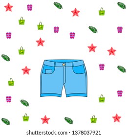 Summer vacation. Beach bag, slippers, shorts, starfish, tropical sheet. Vector background