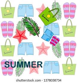 Summer vacation. Beach bag, slippers, shorts, starfish, tropical sheet. Vector background