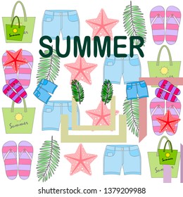 Summer vacation. Beach bag, slippers, shorts, starfish, tropical sheet. Vector background