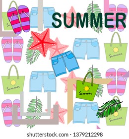 Summer vacation. Beach bag, slippers, shorts, starfish, tropical sheet. Vector background
