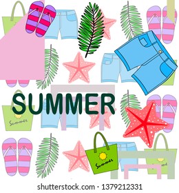 Summer vacation. Beach bag, slippers, shorts, starfish, tropical sheet. Vector background