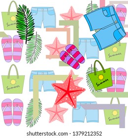 Summer vacation. Beach bag, slippers, shorts, starfish, tropical sheet. Vector background