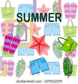 Summer vacation. Beach bag, slippers, shorts, starfish, tropical sheet. Vector background