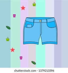 Summer vacation. Beach bag, slippers, shorts, starfish, tropical sheet. Vector background