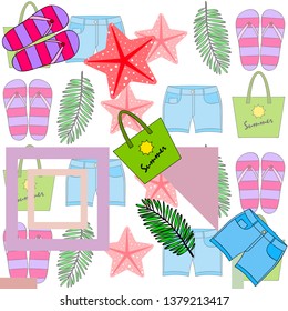 Summer vacation. Beach bag, slippers, shorts, starfish, tropical sheet. Vector background