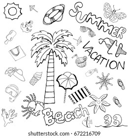 Summer Vacation Beach Calligraphy Text with Sketch Icons of Tropical Holiday. Hand Drawn Set. Drawing Travel Items for . Handdrawn Hawaii Collection: Doodle Elements and Symbols. Vector Illustrations.