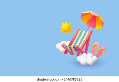 Summer vacation. Beach chair, umbrella, sun and flip flops. Beach relax. 3D render vector realistic elements