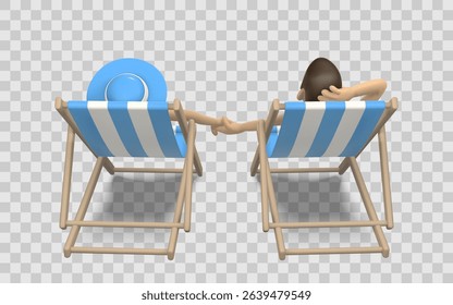 Summer Vacation Beach Chairs with Relaxing Couple Holding Feet – Fun 3D Cartoon Style for Travel, Love, and Leisure Concepts. Perfect for Seasonal Projects. Vector Illustration.
