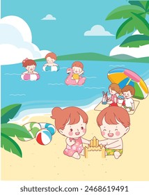 Summer vacation, beach, vacation, children happy, happy,