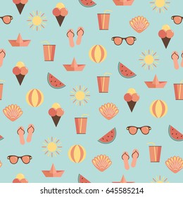 Summer vacation beach concept. Seamless vector pattern over blue
