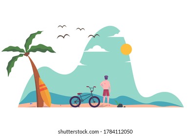 summer vacation at the beach. cyclist looking at the beautiful ocean. premium vector