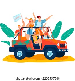 Summer vacation, beach driving car, happy company young people, travel entertainment, design, cartoon style vector illustration.
