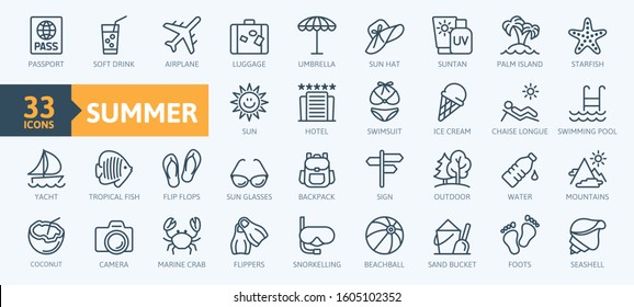 Summer, vacation, beach elements - minimal thin line web icon set. Outline icons collection. Simple vector illustration.