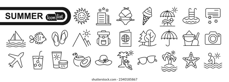 Verano, vacaciones, elementos de playa - juego de iconos de línea delgada mínimo. Colección de iconos de esquema. Ilustración vectorial simple
