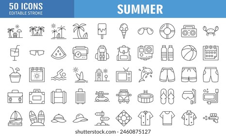 Verano, vacaciones, Elementos de playa - conjunto de iconos de Web de línea delgada mínima. Colección de iconos de esquema. Simple Ilustración vectorial.