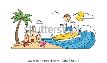 Summer vacation beach fun surfing boy building sandcastle enjoying sunny day ocean waves palm tree relaxation getaway