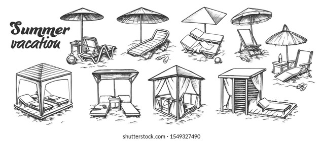 Muebles De Playa De Verano Conjunto Vector Retro. Colección De Diferentes Tumbonas Confortables. Mano De La Plantilla De Grabado De Lounge Y Resort Dibujo En Ilustraciones Monocromas De Estilo Vintage