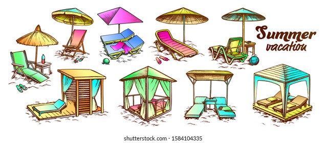 Summer Vacation Beach Furniture Set Retro Vector. Collection Of Different Comfortable Beach Chairs. Lounge And Resort Place Engraving Template Hand Drawn In Vintage Style Color Illustrations