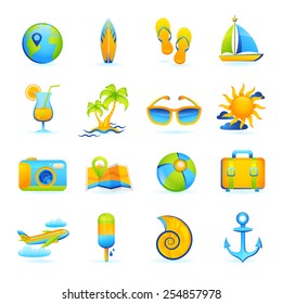 Summer vacation beach holidays icons set with cocktail palm glasses camera isolated vector illustration