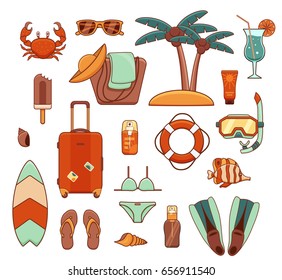 Summer vacation beach icon collection. Summertime tropical accessories with diving  equipment vector design elements isolated set. Sunbathing activity illustration for advertisement, promotions.