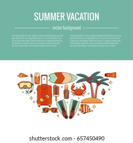Summer vacation beach icon collection circle concept. Summertime tropical accessories vector design elements isolated set. Sunbathing activity illustration template for advertisement, promotions.