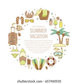 Summer vacation beach icon collection circle concept. Summertime tropical accessories vector design elements isolated set. Sunbathing activity illustration template for advertisement, promotions.