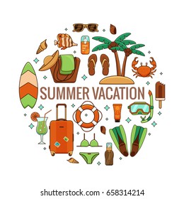 Summer vacation beach icon collection circle concept. Summertime tropical accessories vector design elements isolated set. Sunbathing activity illustration template for advertisement, promotions.