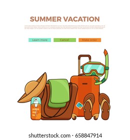 Summer vacation beach icon collection. Summertime tropical accessories vector design elements. Sunbathing activity illustration page template. Graphic concept for web sites, mobile apps, infographics