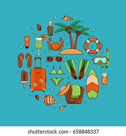 Summer vacation beach icon collection circle concept. Summertime tropical accessories vector design elements isolated set. Sunbathing activity illustration template for advertisement, promotions.