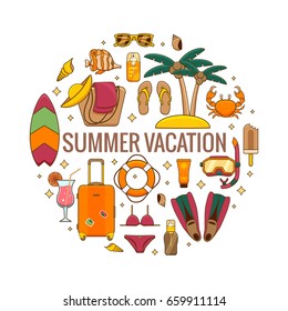 Summer vacation beach icon collection circle concept. Summertime tropical accessories vector design elements isolated set. Sunbathing activity illustration template for advertisement, promotions.