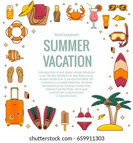 Summer vacation beach icon collection. Summertime tropical accessories with diving  equipment vector design elements isolated set. Sunbathing activity illustration for advertisement,  promotions.