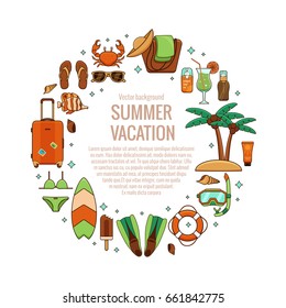 Summer vacation beach icon collection circle concept. 