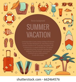 Summer vacation beach icon collection. Summertime tropical accessories with diving equipment vector design elements set. Sunbathing activity illustration for tourism advertisement,  promotions.