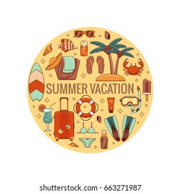 Summer vacation beach icon collection circle concept. Summertime tropical accessories vector design elements isolated set. Sunbathing activity illustration template for advertisement, promotions.