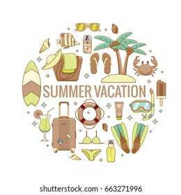 Summer vacation beach icon collection circle concept. Summertime tropical accessories vector design elements isolated set. Sunbathing activity illustration template for advertisement, promotions.