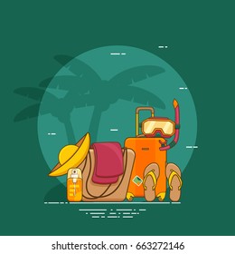 Summer vacation beach icon collection. Summertime tropical accessories vector design. Sunbathing activity recreation illustration. Graphic concept for web sites, banners, mobile apps, infographics