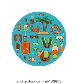 Summer vacation beach icon collection circle concept. Summertime tropical accessories vector design elements isolated set. Sunbathing activity illustration template for advertisement, promotions.