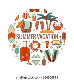 Summer vacation beach icon collection circle concept. Summertime tropical accessories vector design elements isolated set. Sunbathing activity illustration template for advertisement, promotions.