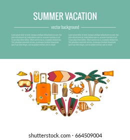 Summer vacation beach icon collection circle concept. Summertime tropical accessories vector design elements isolated set. Sunbathing activity illustration template for advertisement, promotions.