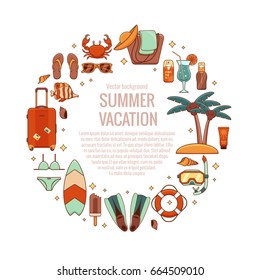 Summer vacation beach icon collection circle concept. Summertime tropical accessories vector design elements isolated set. Sunbathing activity illustration template for advertisement, promotions.