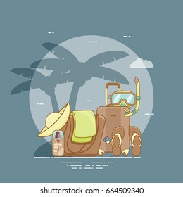 Summer vacation beach icon collection. Summertime tropical accessories vector design. Sunbathing activity recreation illustration. Graphic concept for web sites, banners, mobile apps, infographics