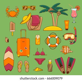 Summer vacation beach icon collection. Summertime tropical accessories with diving  equipment vector design elements set. Sunbathing activity illustration for tourism advertisement,  promotions.