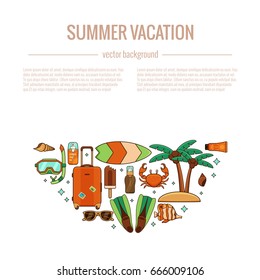 Summer vacation beach icon collection circle concept. Summertime tropical accessories vector design elements isolated set. Sunbathing activity illustration template for advertisement, promotions.
