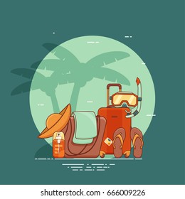 Summer vacation beach icon collection. Summertime tropical accessories vector design. Sunbathing activity recreation illustration. Graphic concept for web sites, banners, mobile apps, infographics