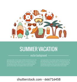 Summer vacation beach icon collection circle concept. Summertime tropical accessories vector design elements isolated set. Sunbathing activity illustration template for advertisement, promotions.