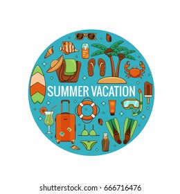 Summer vacation beach icon collection circle concept. Summertime tropical accessories vector design elements isolated set. Sunbathing activity illustration template for advertisement, promotions.