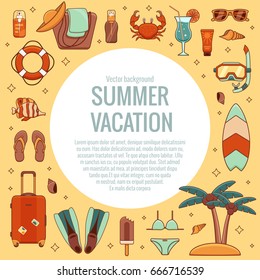 Summer vacation beach icon collection. Summertime tropical accessories with diving equipment vector design elements set. Sunbathing activity illustration for tourism advertisement,  promotions.